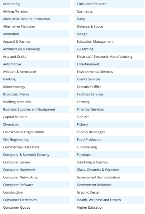 LinkedIn Industry Sector List