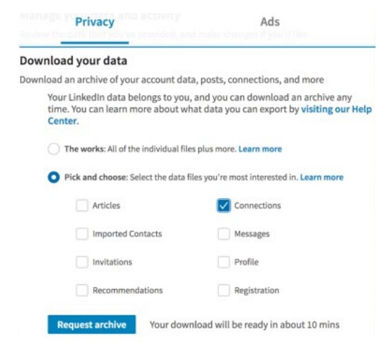 Request Archive to export contacts LinkedIn