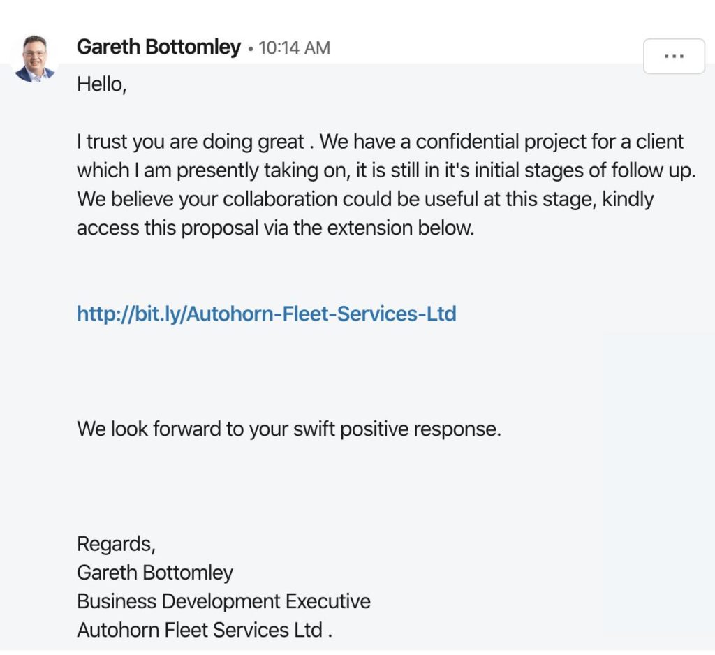 Fake LinkedIn Scam Message from Gareth Bottomley