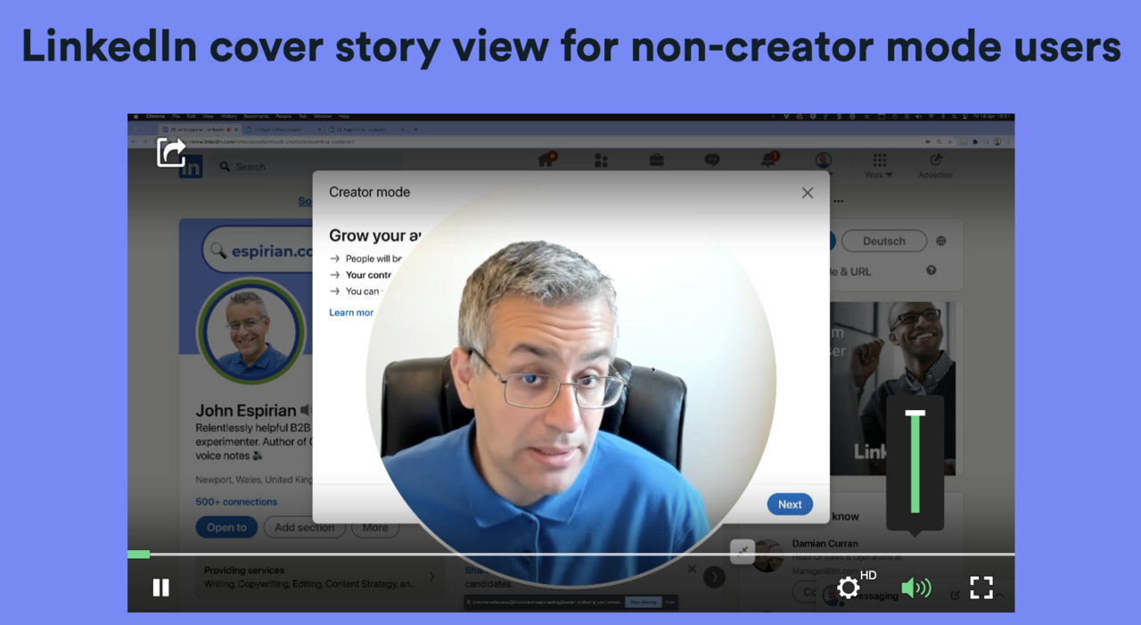 LinkedIn Cover Story View for non-creator mode users John Espirian