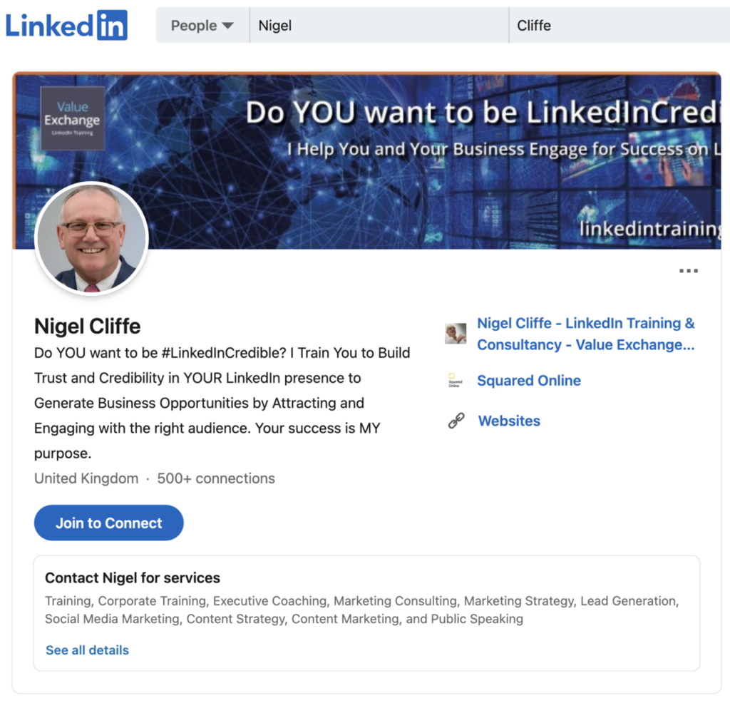 Nigel Cliffe LinkedIn Creator Mode Public Profile View