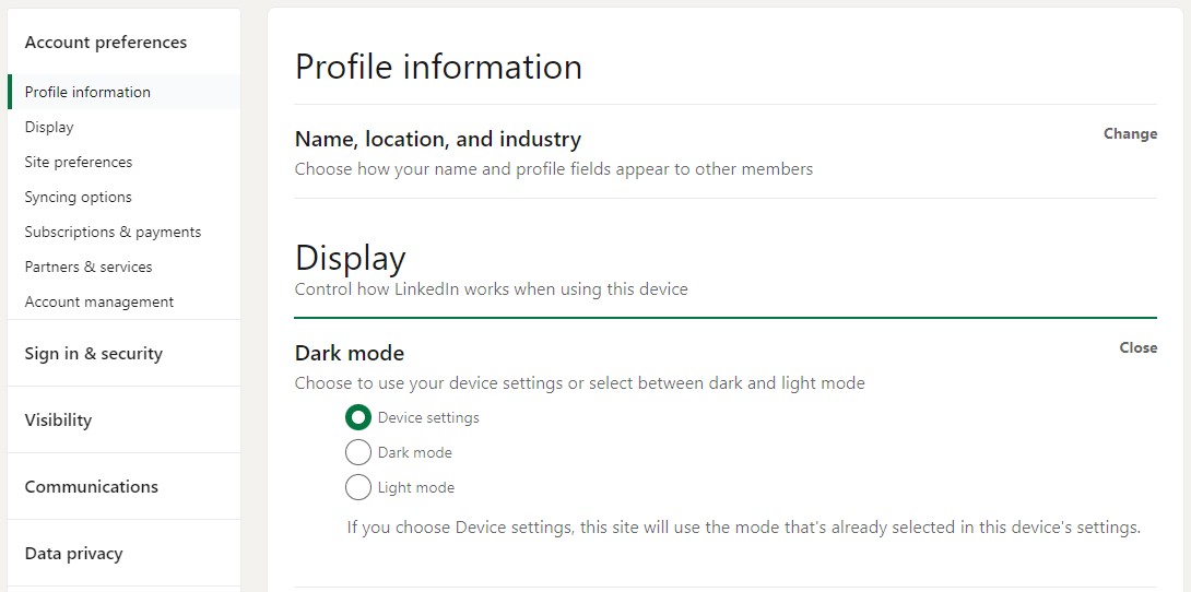LinkedIn Settings showing Dark mode options